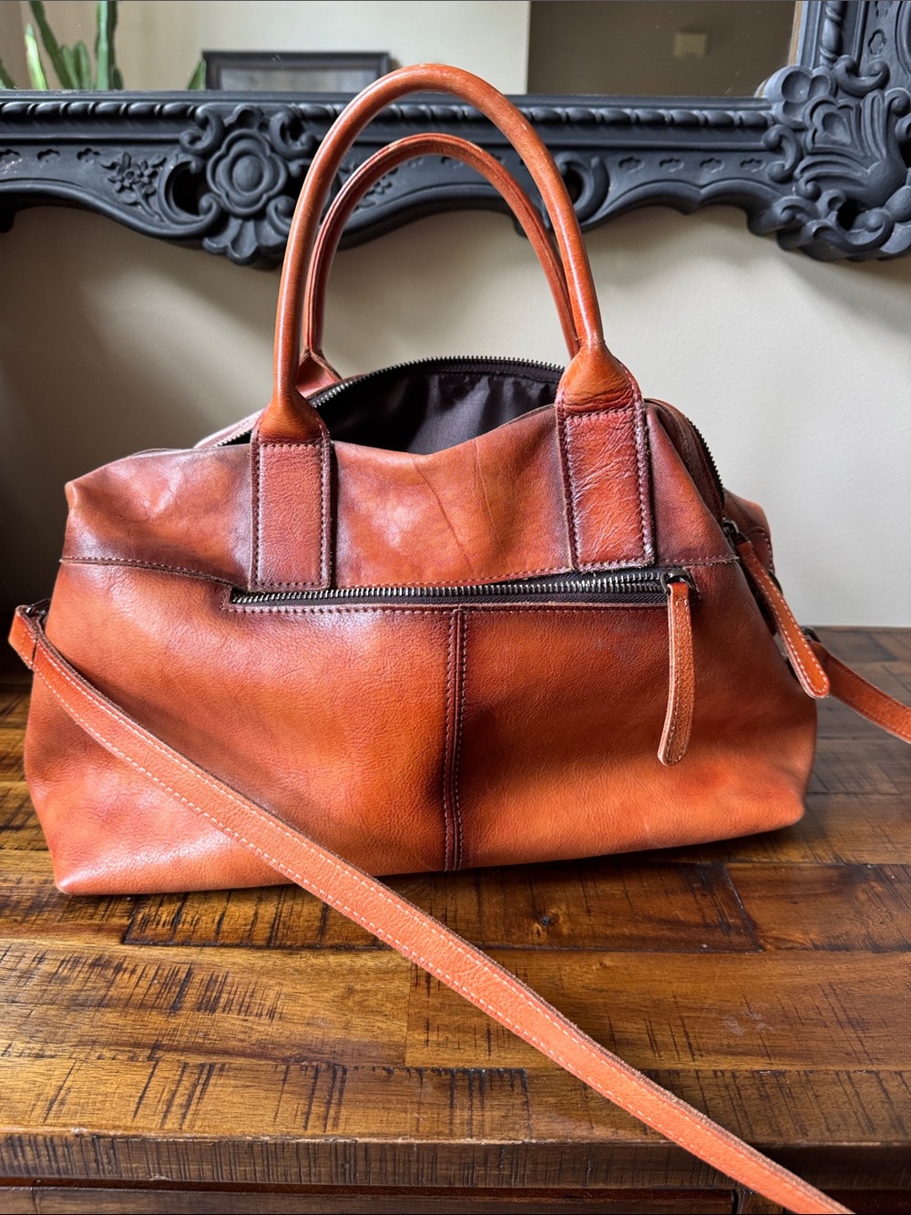 Leather Satchel Shoulder Bag in Cognac Brown